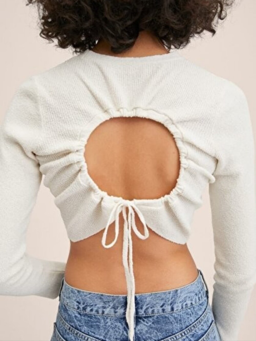 Mango XL Tie Back Cutout Long Sleeve Knit Crop Top - Cream